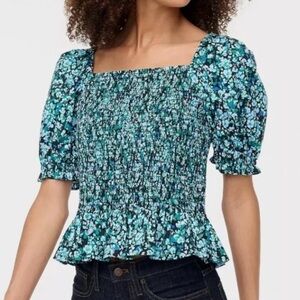 J. Crew Floral Smocked Square Neck Shirt, Size M